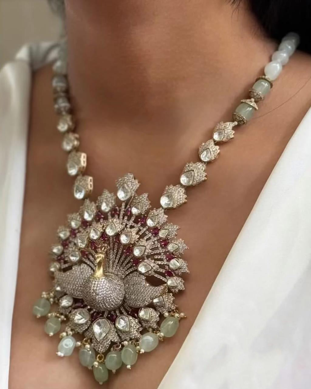 Peacock Design Indian Handmade Polki Necklace Earring Set For Wedding - Libasaa.com