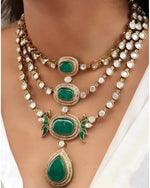 Green Jaipuri Multi Layered Gold Plated Polki Necklace Earring Set - Libasaa.com