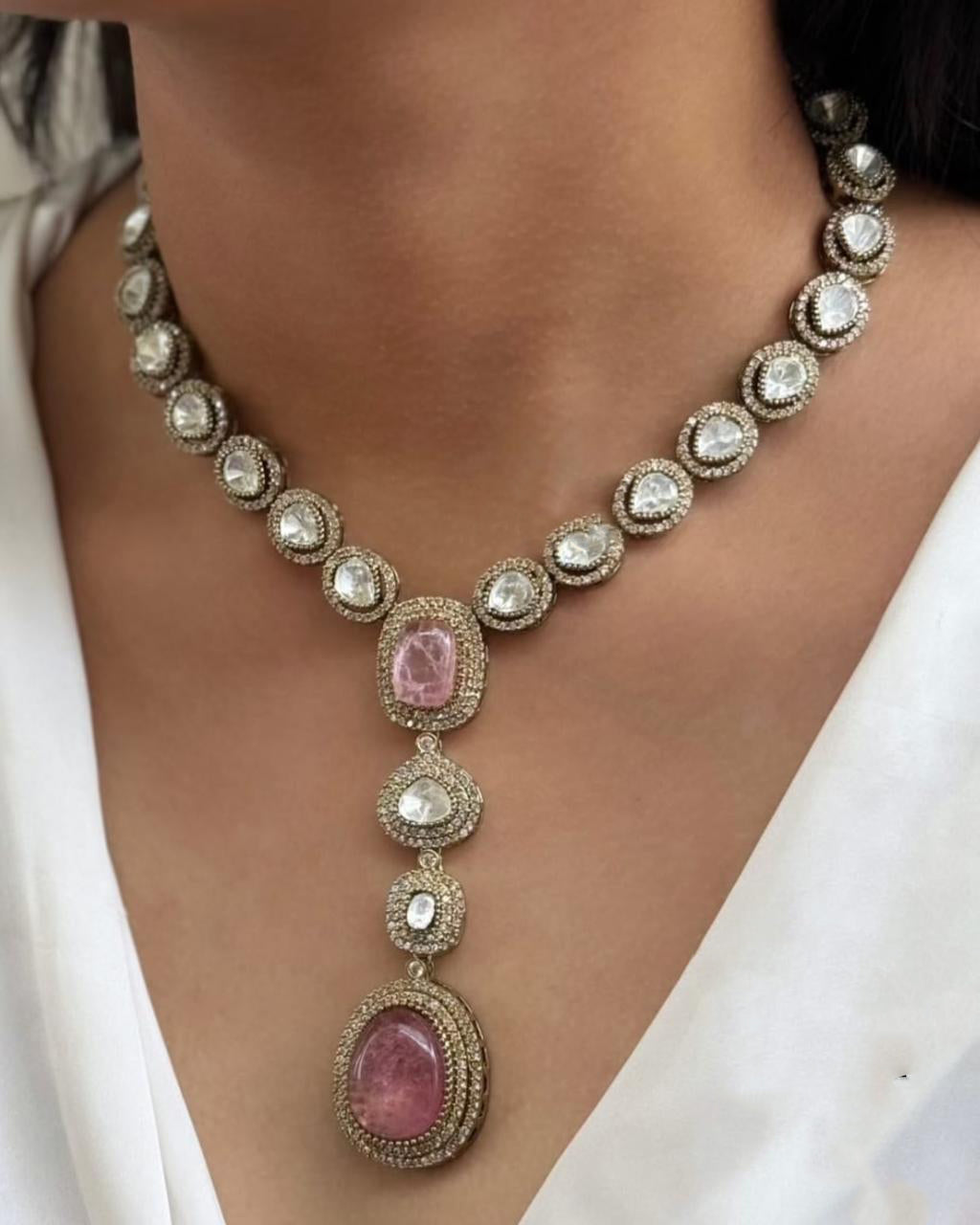 Pink Wedding Silver Tone Polki Necklace Earring Set For Women - Libasaa.com