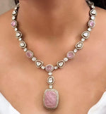 Pink Squaral Shaped Indian Polki Necklace Earring Set Indian Jewelry - Libasaa.com