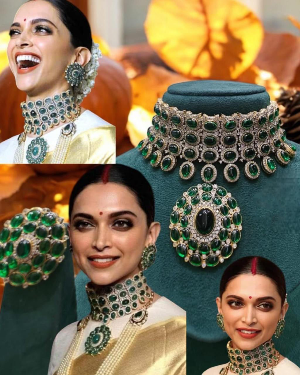 Deepika Padukone Inspired Green Layered Polki Choker Earring Set - Libasaa.com