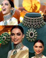 Deepika Padukone Inspired Green Layered Polki Choker Earring Set - Libasaa.com
