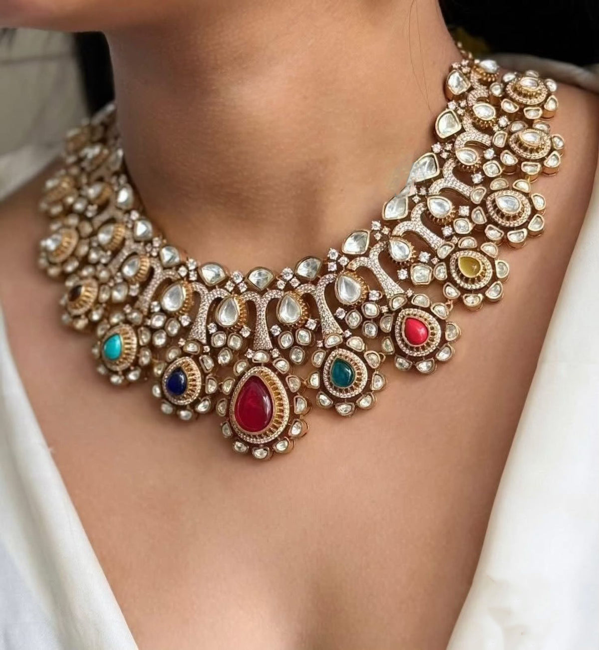 Multicolor Ethnic Floral Teardrop Polki Choker Earring Set For Wedding - Libasaa.com