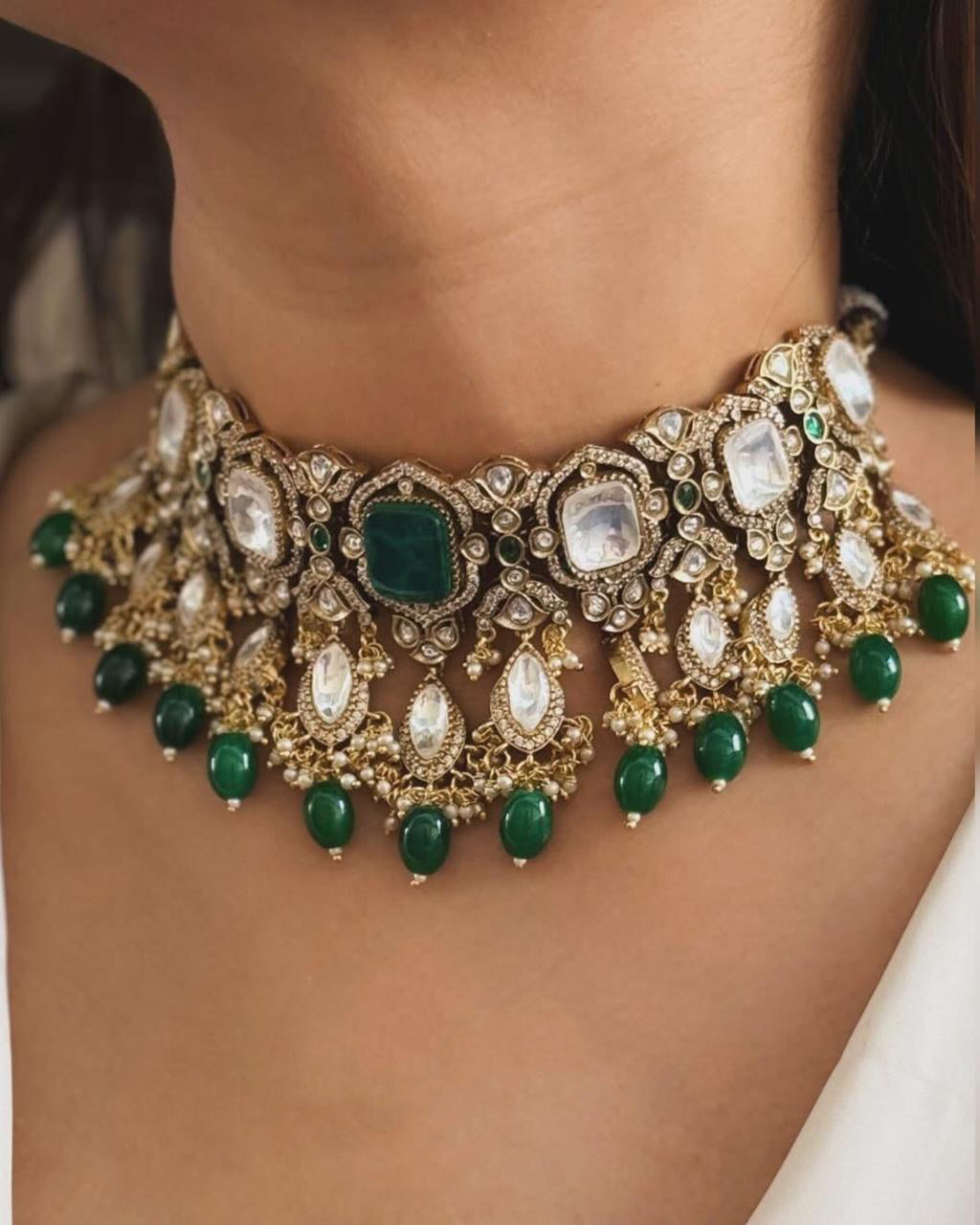 Punjabi Green Gold Plated Floral Polki Choker Earring Set For Wedding - Libasaa.com