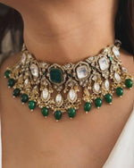 Punjabi Green Gold Plated Floral Polki Choker Earring Set For Wedding - Libasaa.com