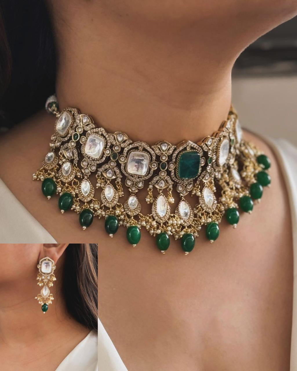Punjabi Green Gold Plated Floral Polki Choker Earring Set For Wedding - Libasaa.com