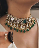 Punjabi Green Gold Plated Floral Polki Choker Earring Set For Wedding - Libasaa.com