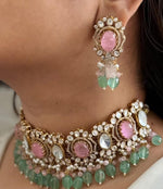 Pink Gold Plated Floral Polki Wedding Choker Earring Set - Libasaa.com