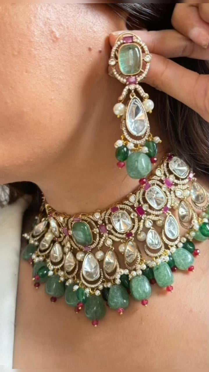 Mint Layered Gold Plated Bridal Polki Choker Earring Set For Wedding - Libasaa.com