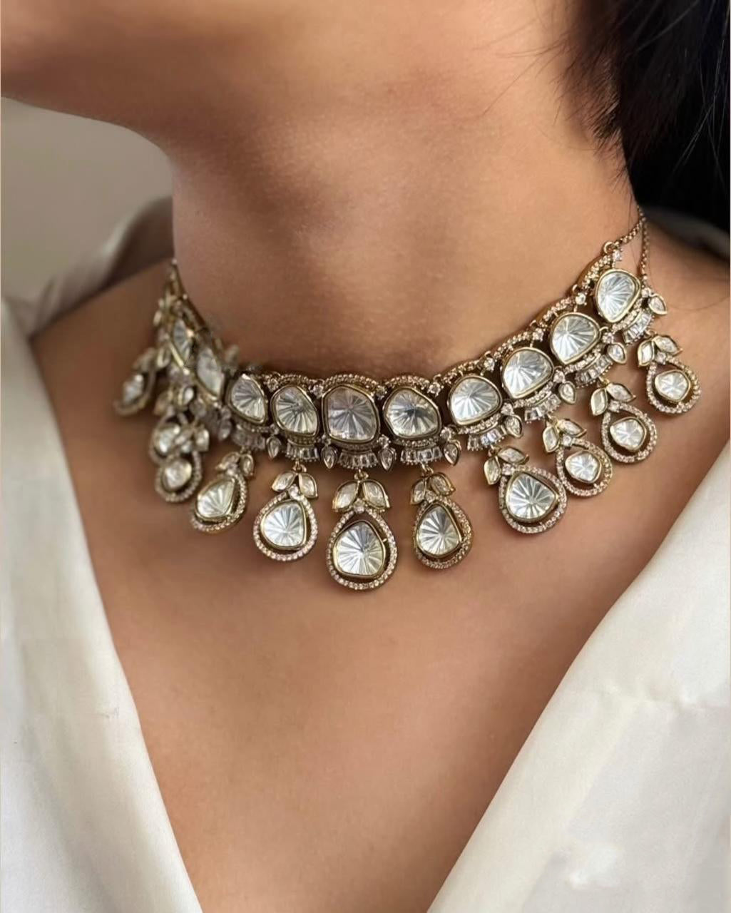 Wedding Silver Tone Floral Polki Choker Earring Set - Libasaa.com