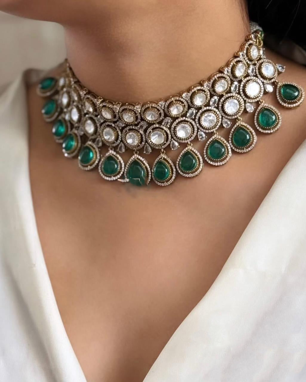 Indian Traditional Layered Gold Plated Polki Choker Earring Set - Libasaa.com