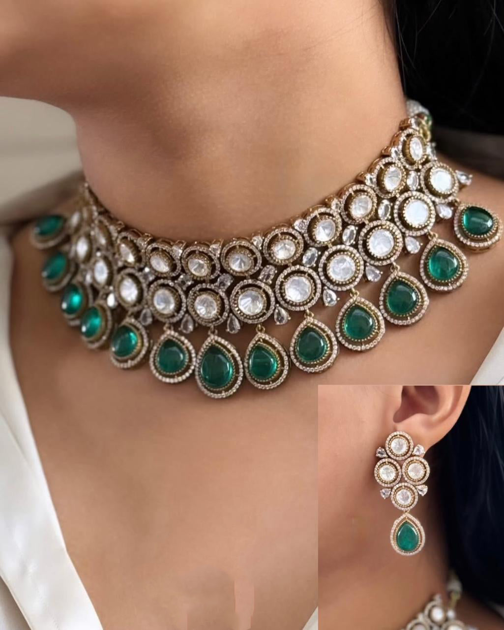 Indian Traditional Layered Gold Plated Polki Choker Earring Set - Libasaa.com