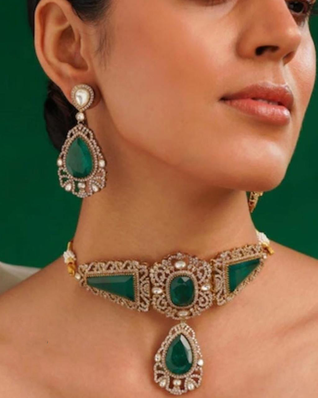 Bollywood Celebrity Inspired Green Polki Choker Earring Set - Libasaa.com