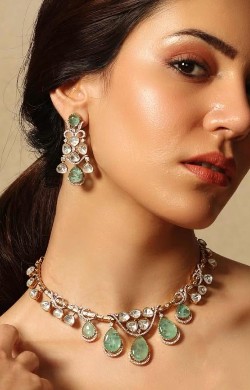 Mint Bollywood Actress Inspired Polki Wedding Choker Earring Set - Libasaa.com
