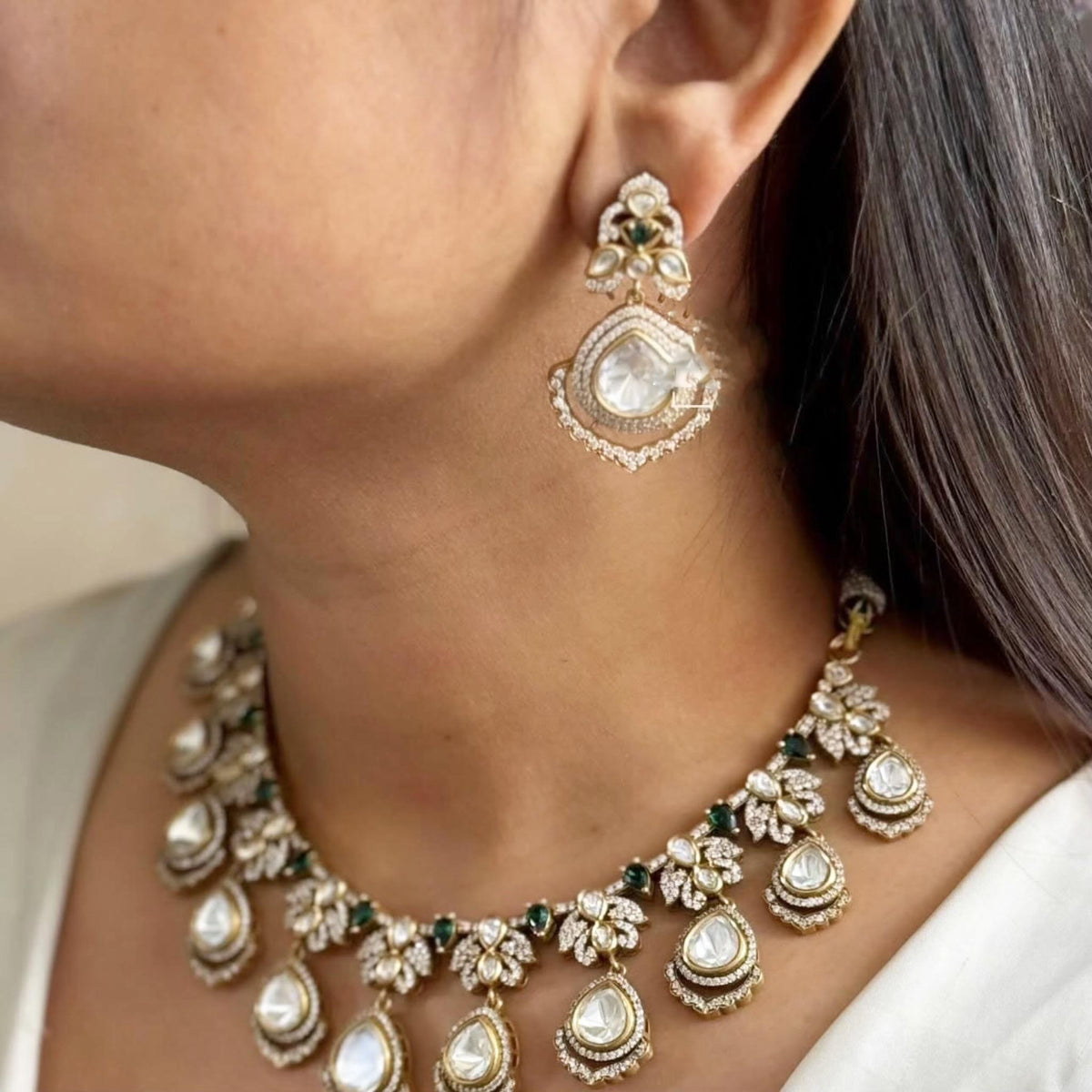 Jaipuri Flower Design Kundan Polki Choker Earring Set For Wedding - Libasaa.com