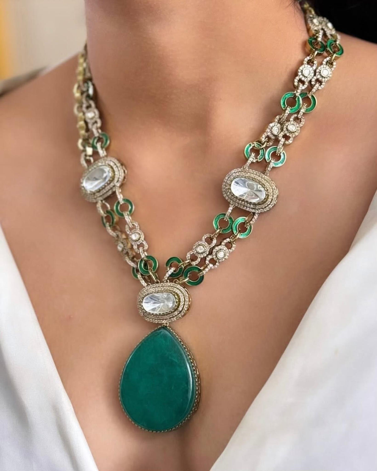 Indian Green Double Layer Gold Plated Polki Necklace Earring Set For Wedding - Libasaa.com