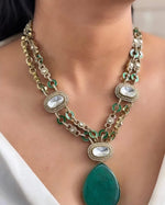 Indian Green Double Layer Gold Plated Polki Necklace Earring Set For Wedding - Libasaa.com