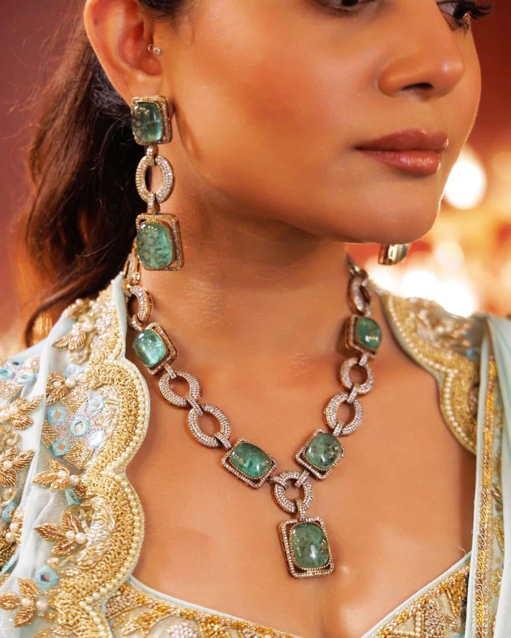 Mint Squaral Shaped Statemenr Polki Necklace Earring Set For Wedding - Libasaa.com