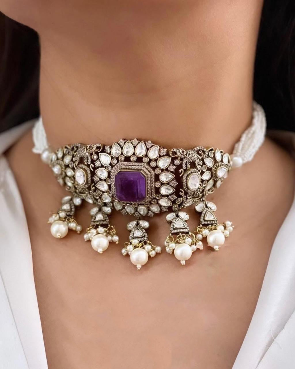 Pakistani Wedding Floral Design Polki Choker Earring Set For Women - Libasaa.com