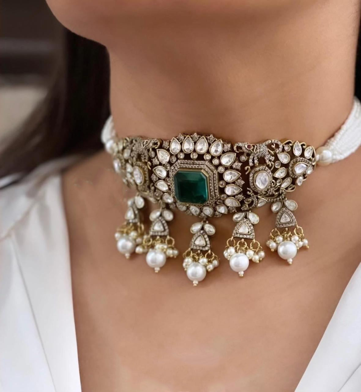 Pakistani Wedding Floral Design Polki Choker Earring Set For Women - Libasaa.com