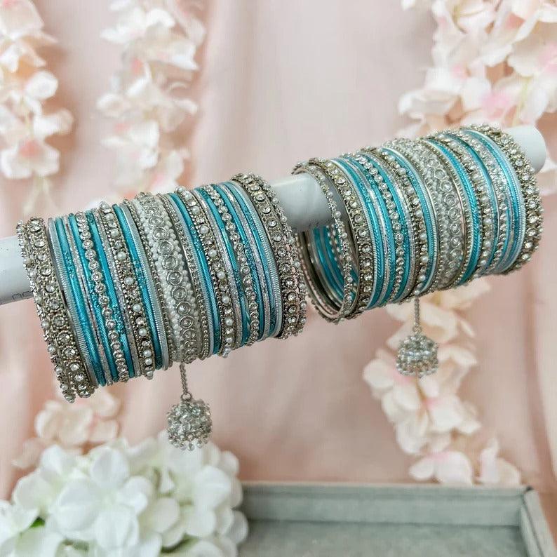 Blue Silver Ethnic Alloy Bangles Set