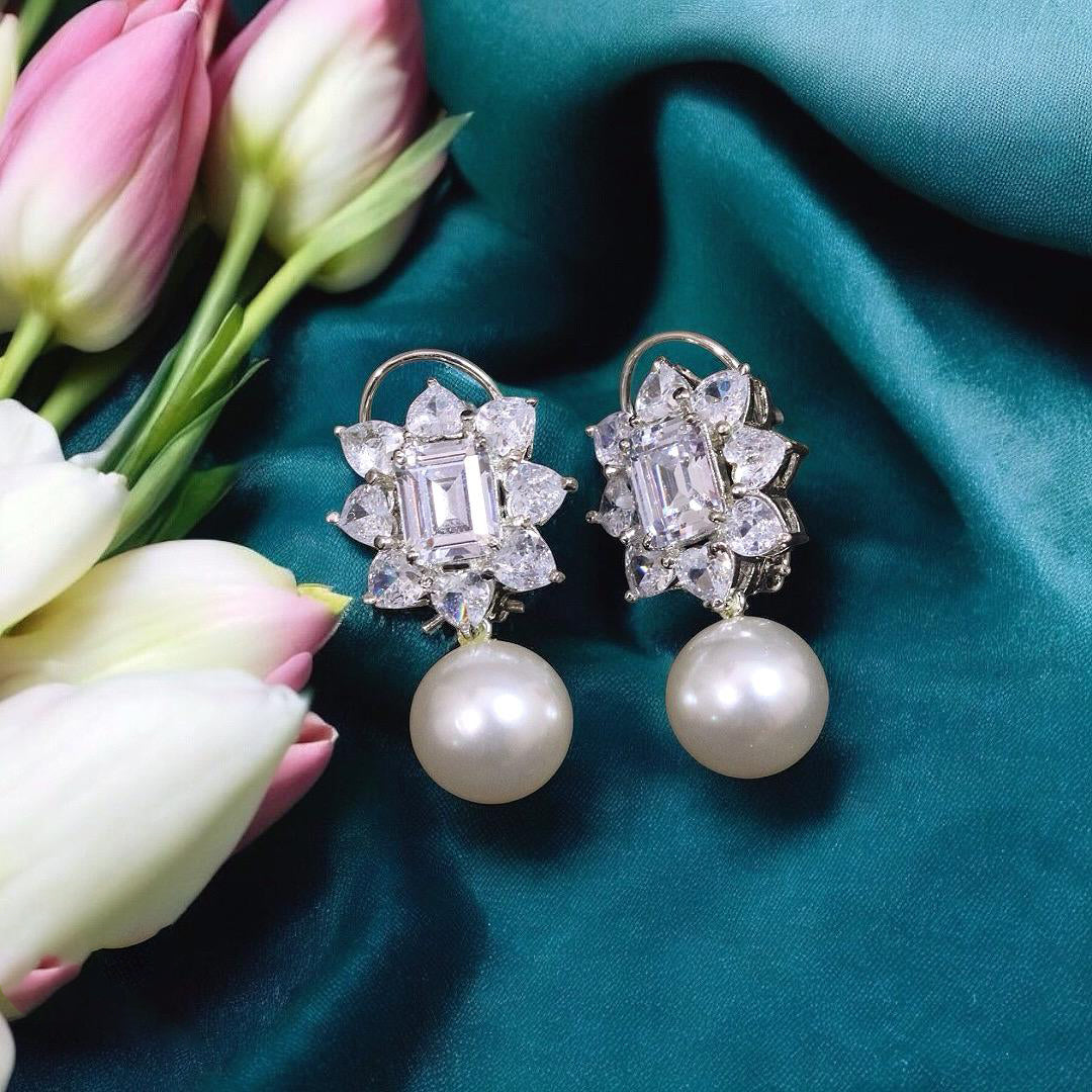 White Flower Design AD Indian Earrings Set For Women - Libasaa.com