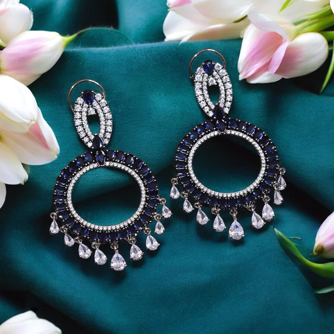 Circular Silver Plated Festive Earrings Set For Wedding - Libasaa.com