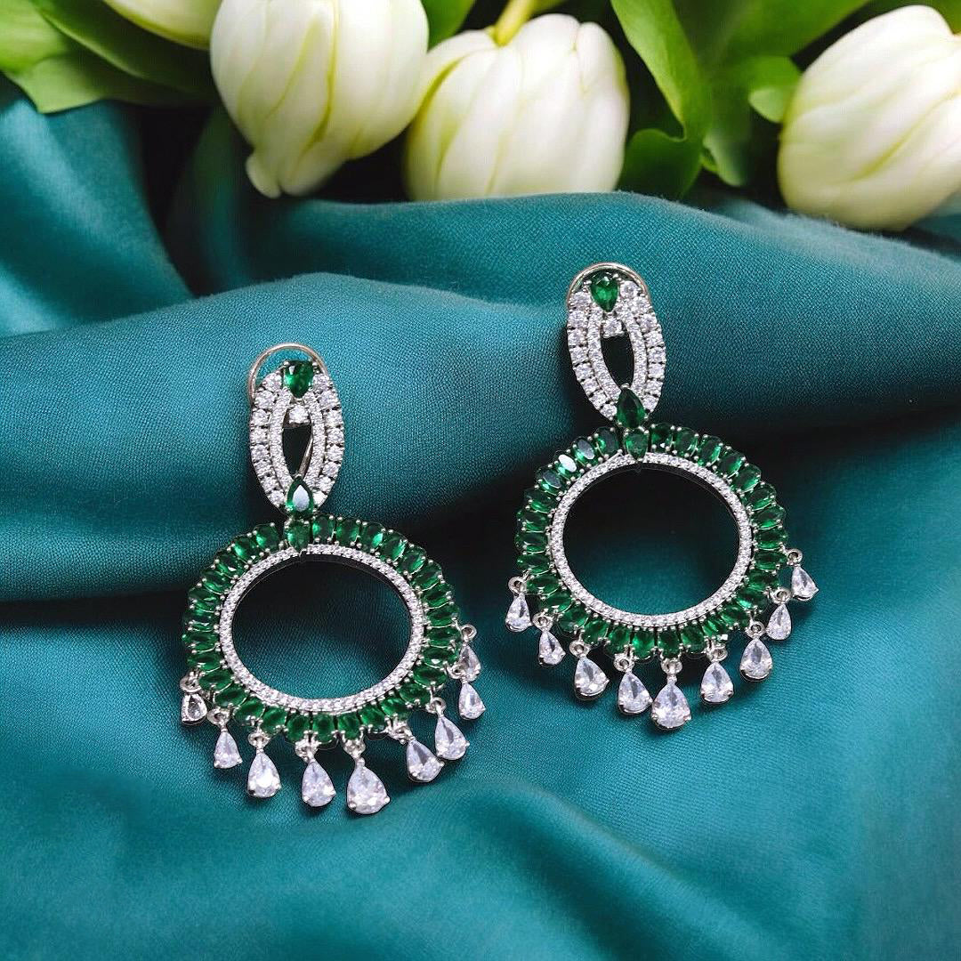 Circular Silver Plated Festive Earrings Set For Wedding - Libasaa.com