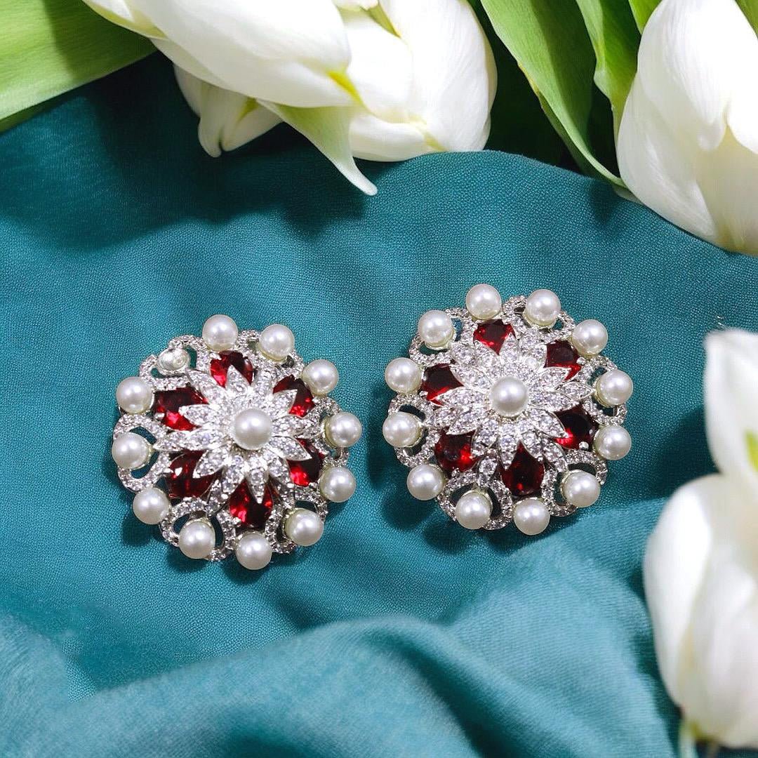 Pakistani Floral Inspired Stone Work Bridal Earrings Set - Libasaa.com
