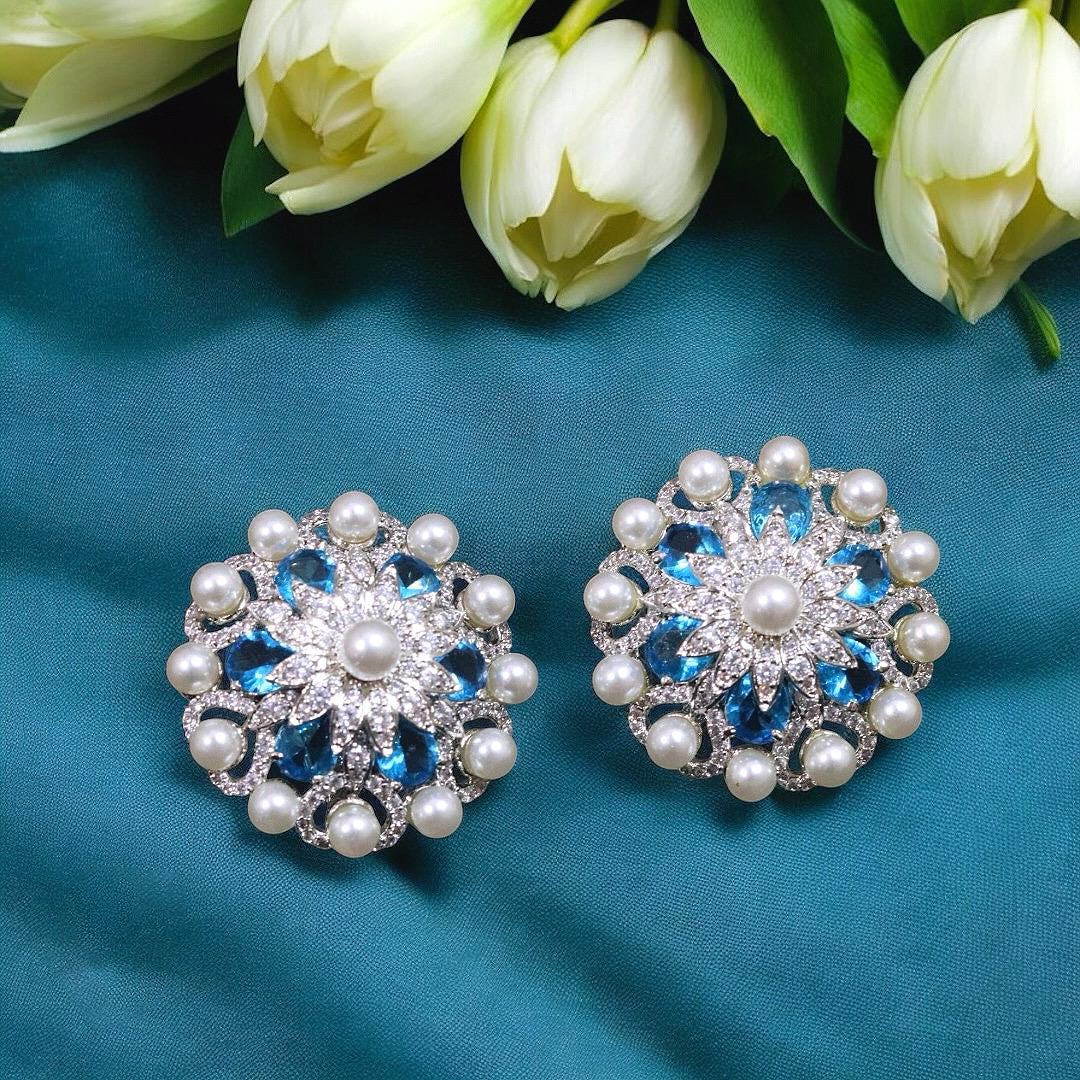 Pakistani Floral Inspired Stone Work Bridal Earrings Set - Libasaa.com