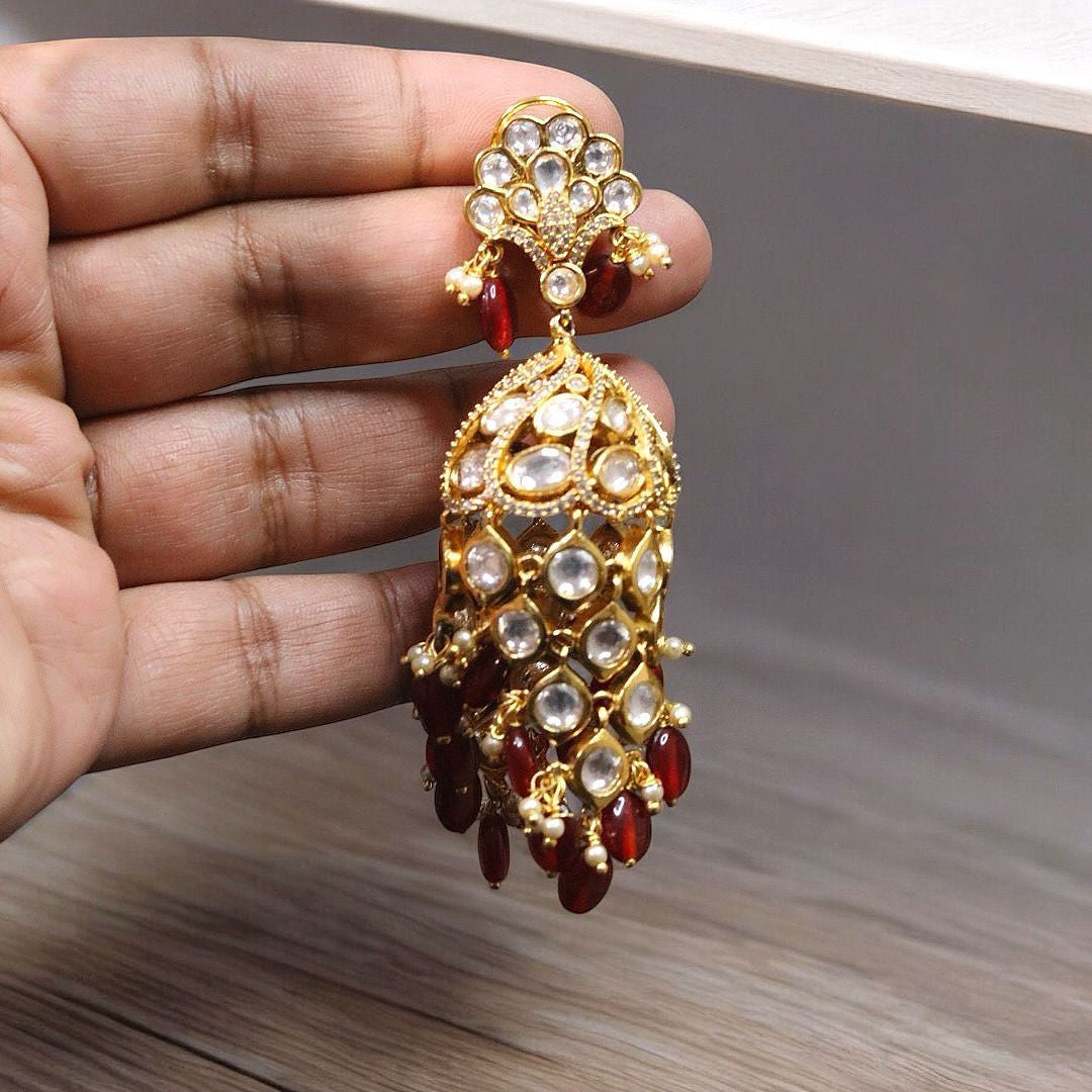 Rajsthani Gold Plated Stone Work Jhumki Earrings Set - Libasaa.com