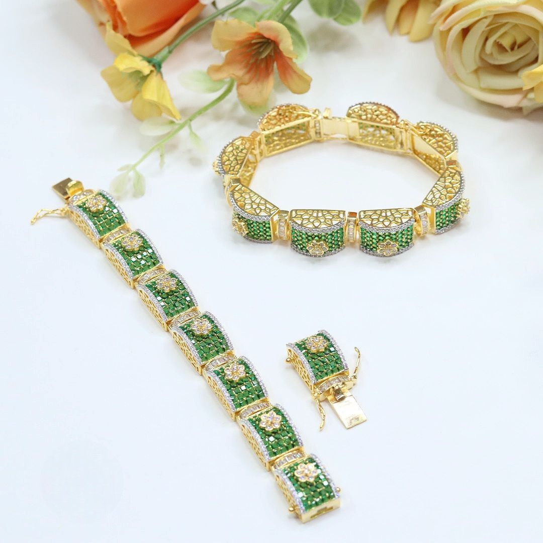 Gold-Plated Ruby Red CZ Bracelet Set | Floral Design Ethnic Jewelry - Libasaa.com