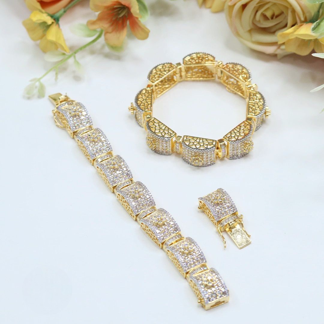 Gold-Plated Ruby Red CZ Bracelet Set | Floral Design Ethnic Jewelry - Libasaa.com