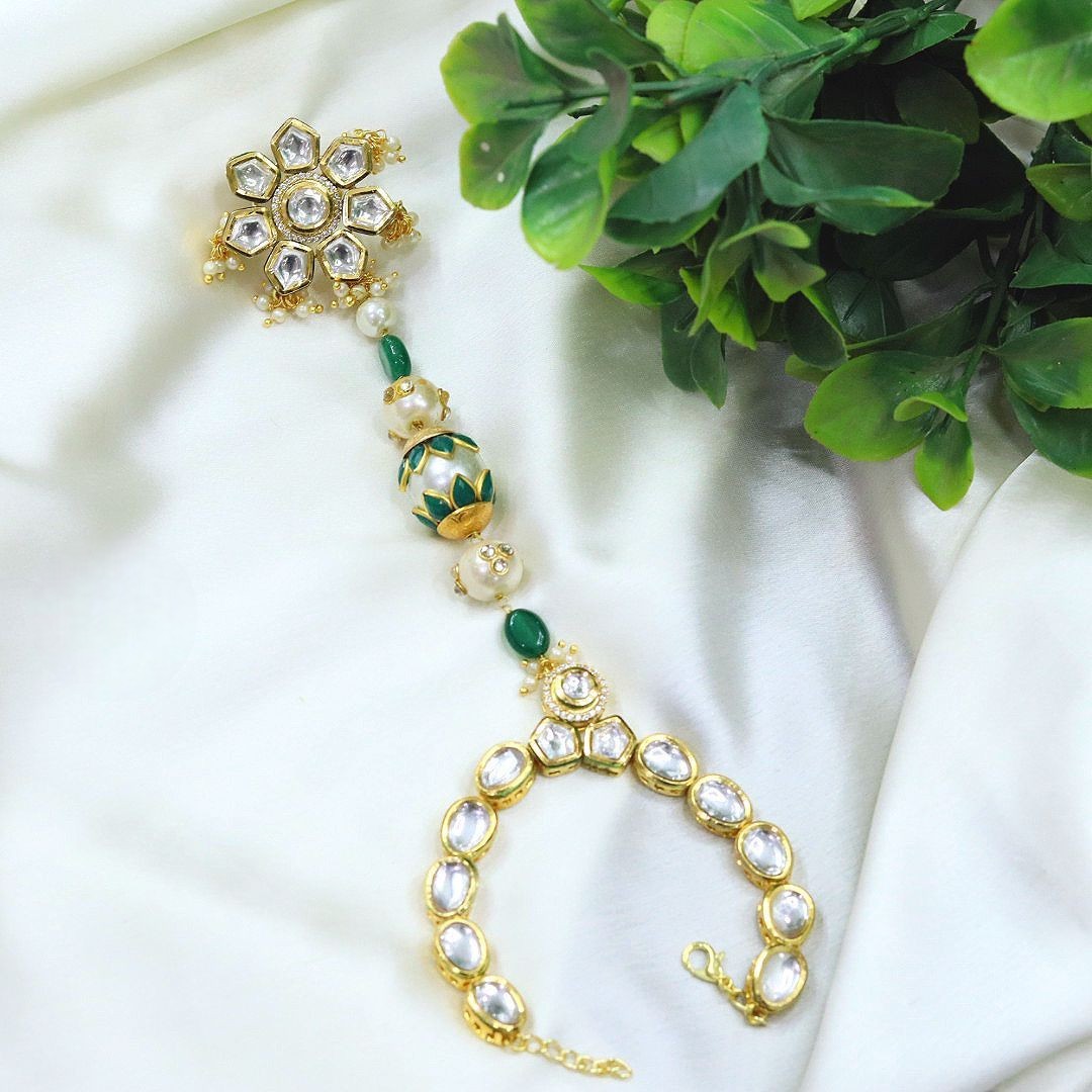 Floral Kundan & Beaded Hand Harness | Traditional Indian Haathphool Bracelet - Libasaa.com
