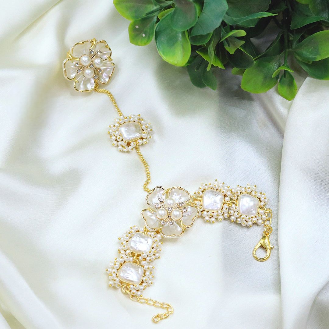 White Floral Pearl & Stone Haathphool – Delicate Bridal Hand Harness Jewelry - Libasaa.com