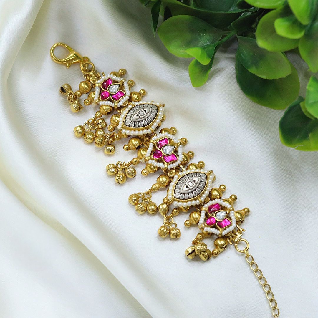 Traditional Gold Plated Bracelet with Kundan, Pearl & Pink Stone Detailing - Libasaa.com