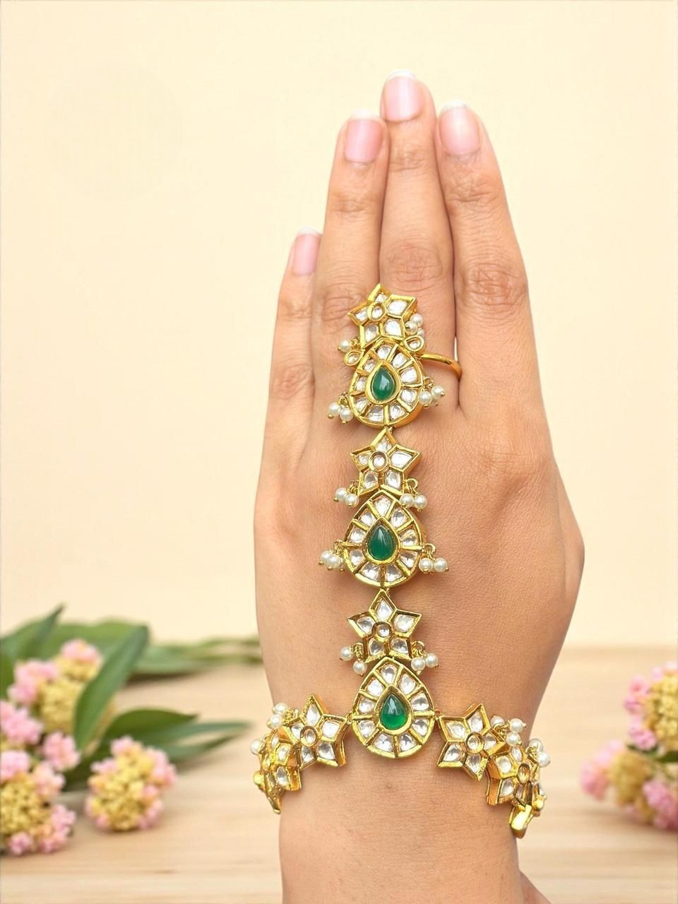 Royal Emerald Green Kundan Haathphool – Bridal Hand Harness with Pearls - Libasaa.com
