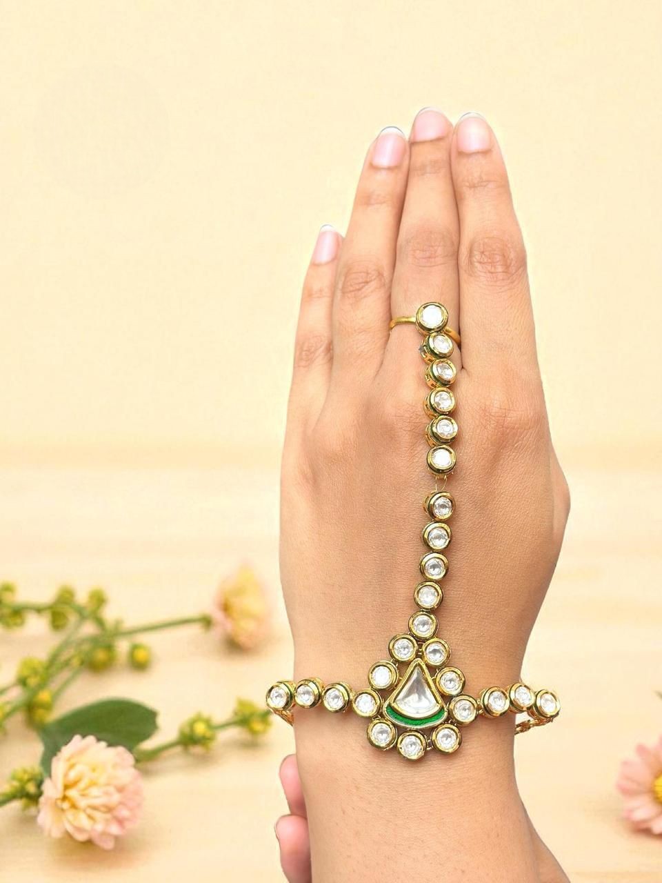 Kundan Hand Harness Bracelet | Traditional Indian Haathphool Jewelry - Libasaa.com