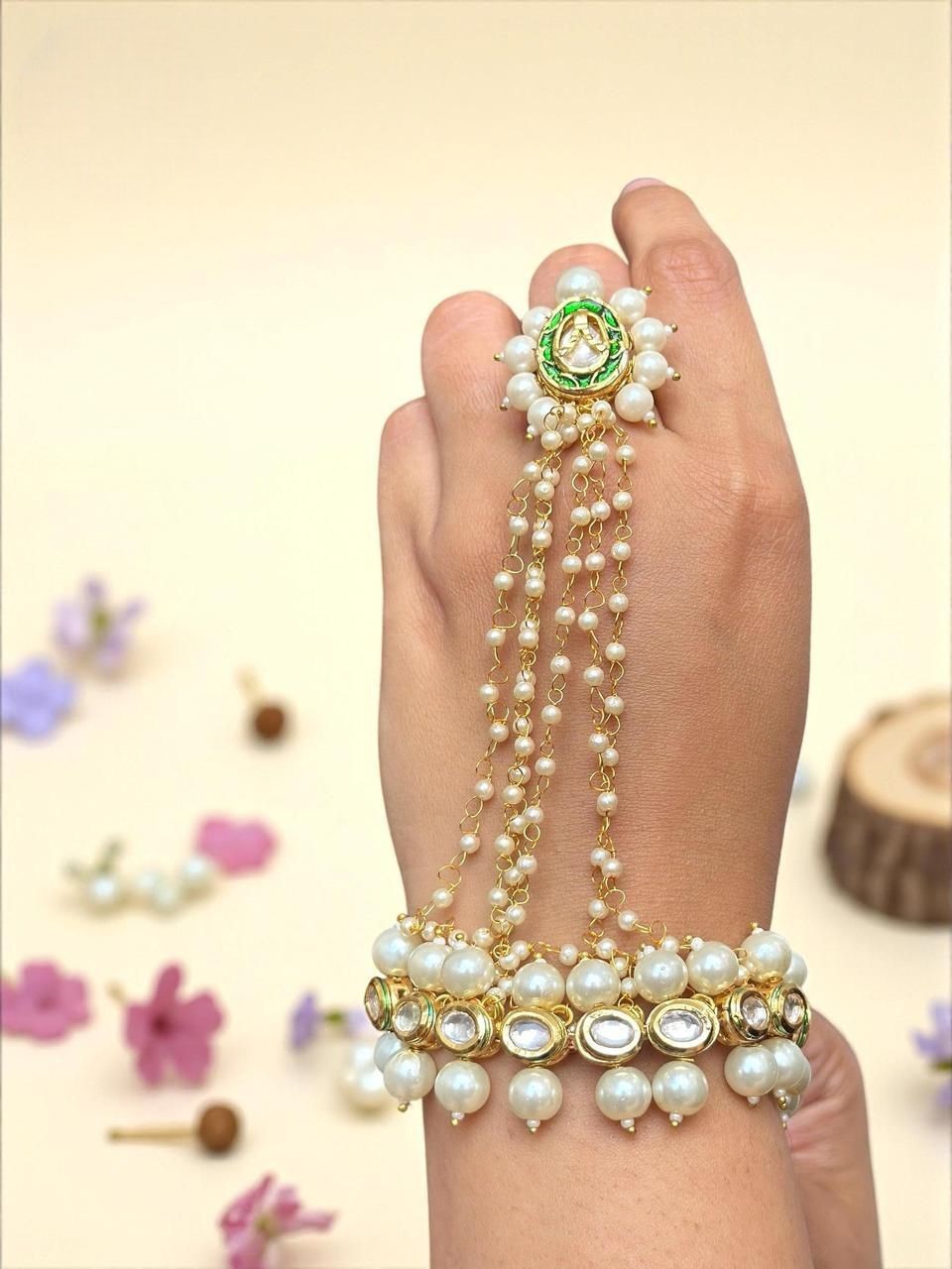 Pearl Kundan Hand Harness Bracelet | Traditional Bridal Haathphool Jewelry - Libasaa.com