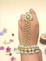 Pearl Kundan Hand Harness Bracelet | Traditional Bridal Haathphool Jewelry - Libasaa.com