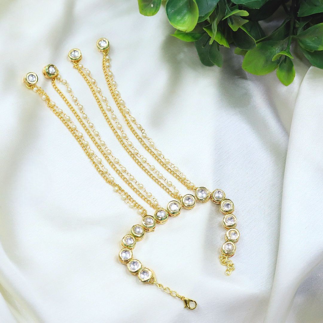 Elegant Kundan Multi-Finger Hand Harness | Gold-Plated Haathphool Bracelet - Libasaa.com