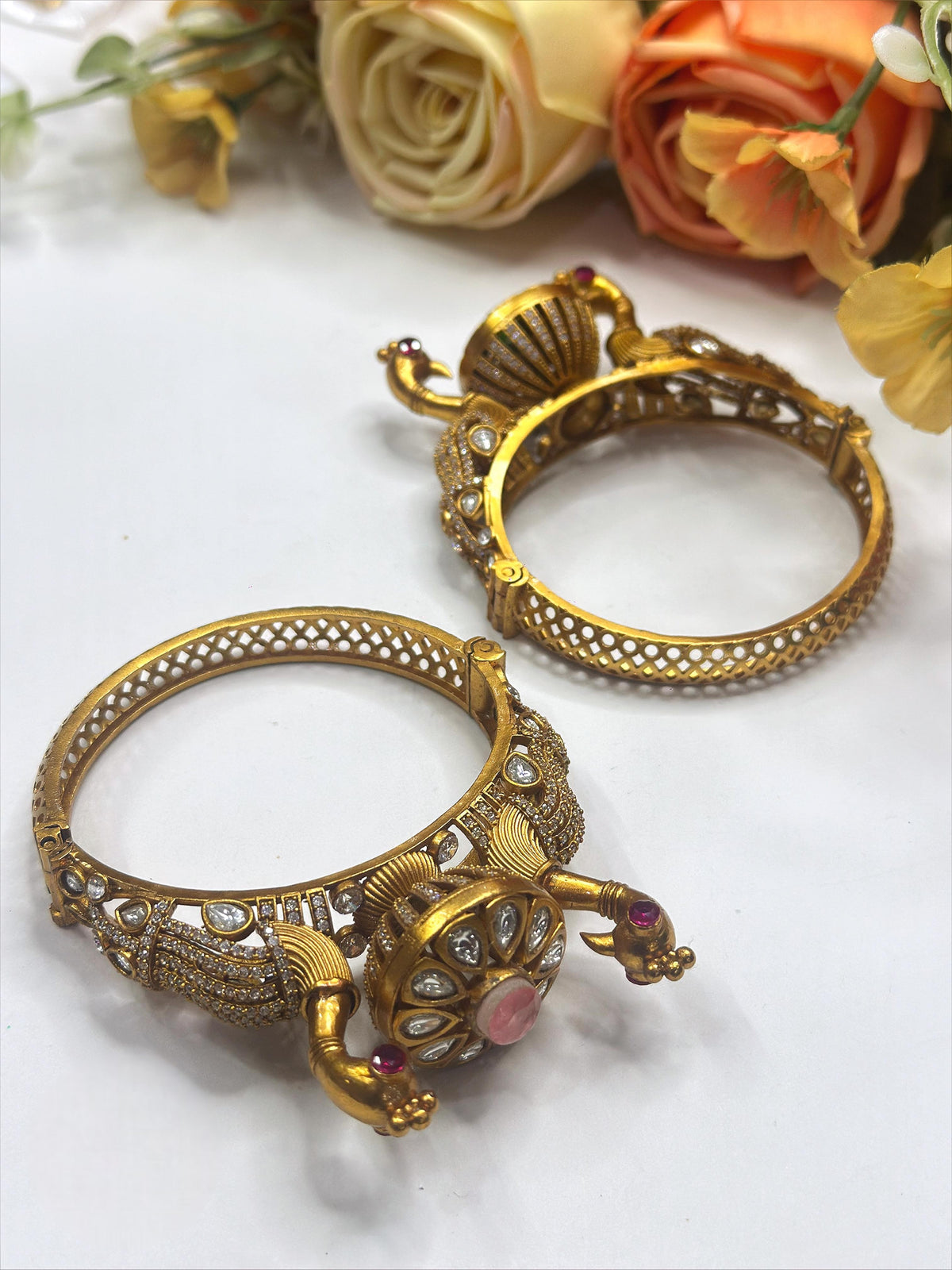Traditional Gold-Plated Temple Kada Bangles with Pink & Kundan Stones – Bridal Jewelry - Libasaa.com