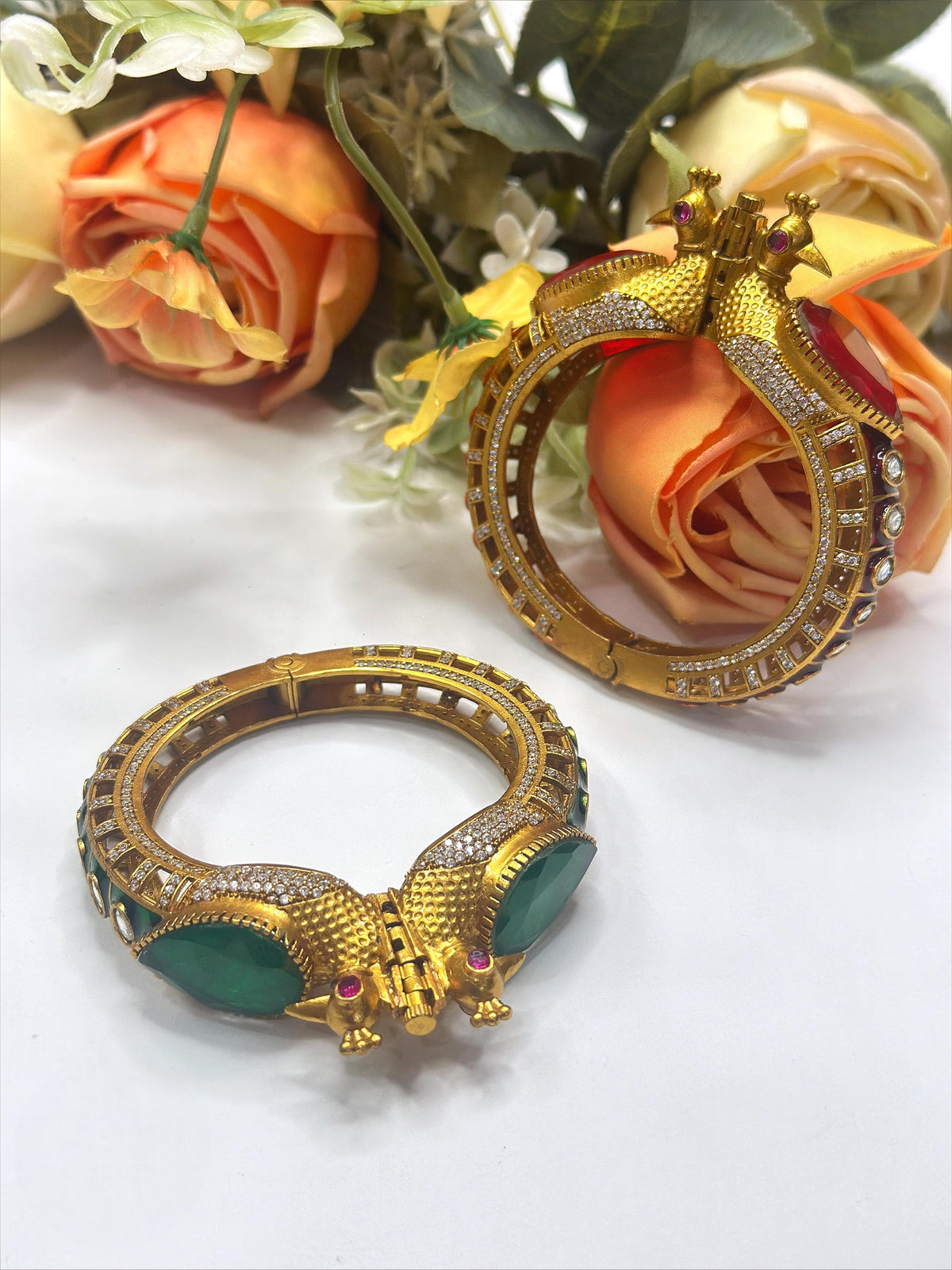 Antique Gold-Plated Peacock Kada Bangles with Red Stones & CZ – Bridal Temple Jewelry - Libasaa.com