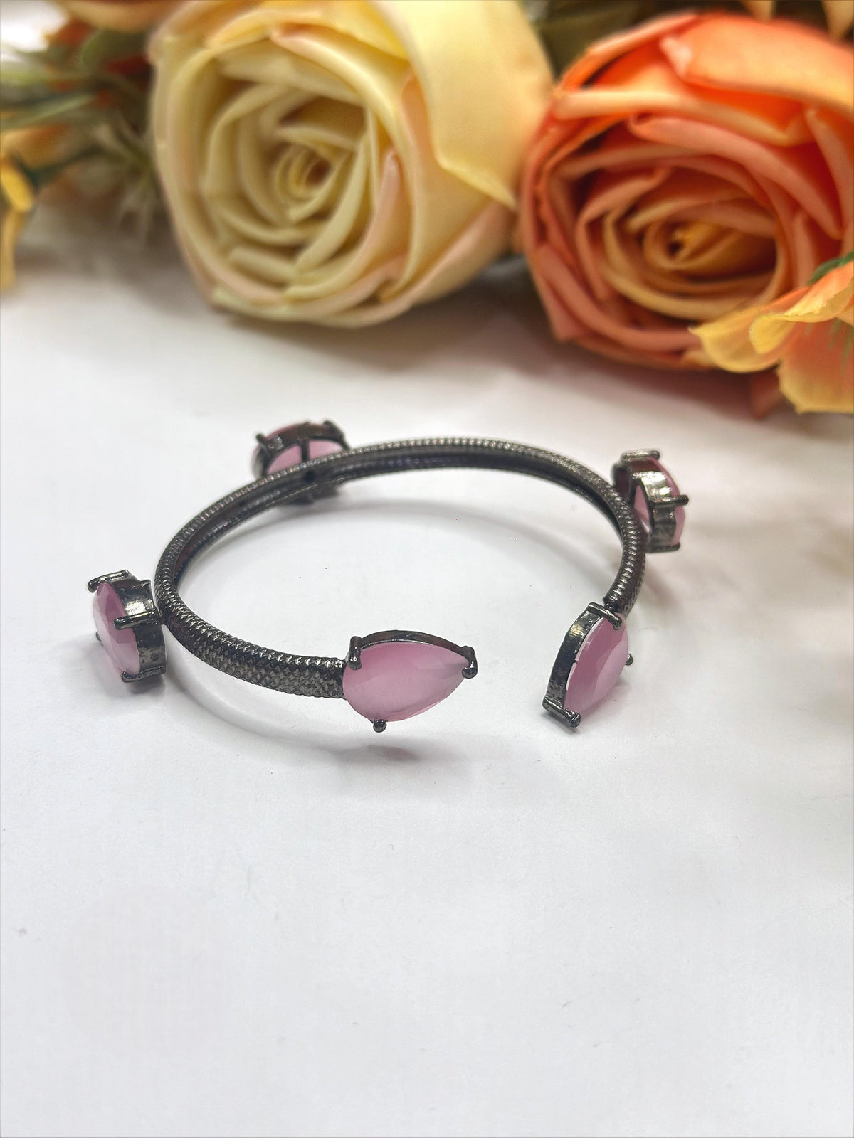 Elegant Black-Plated Open Bangle with Blue Crystal Stones β Modern Fashion Jewelry - Libasaa.com