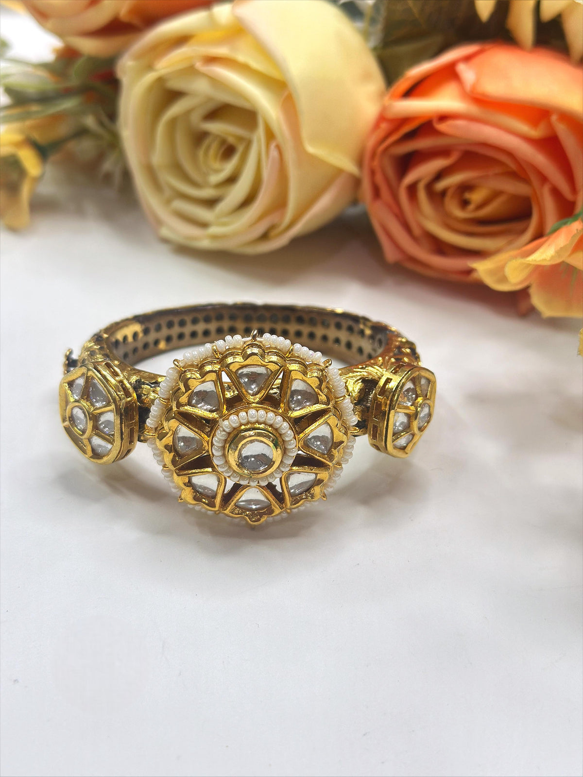 Royal Kundan Gold-Plated Bangle with Floral Motif – Traditional Indian Jewelry - Libasaa.com