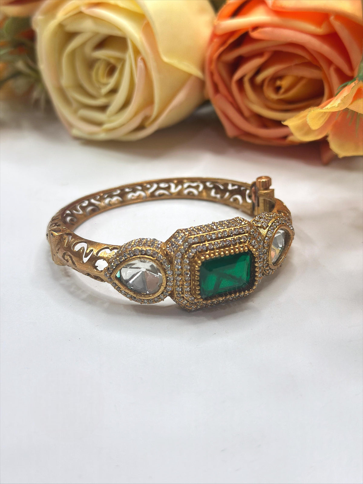 Antique Gold-Plated Bangle with Mint Green Stone & Kundan Detailing – Heritage Collection - Libasaa.com