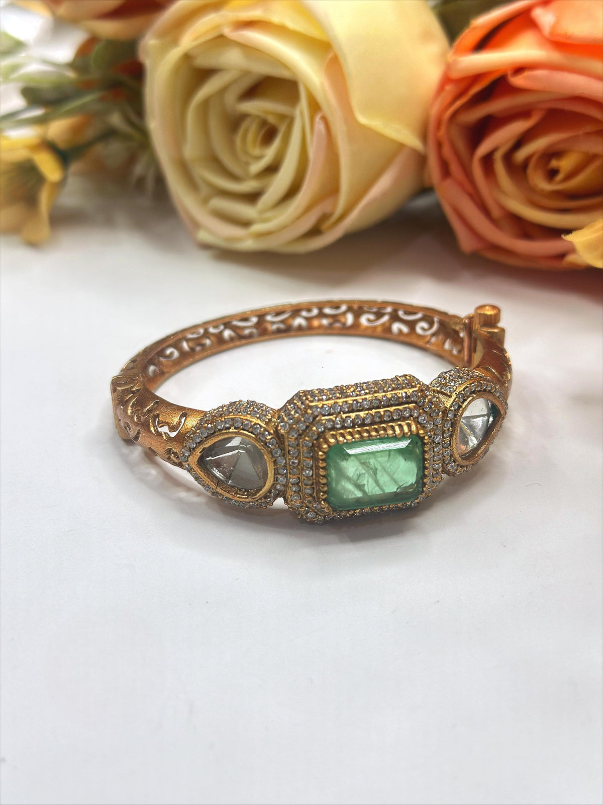 Antique Gold-Plated Bangle with Mint Green Stone & Kundan Detailing – Heritage Collection - Libasaa.com