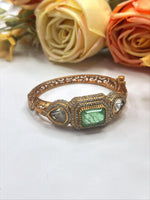 Antique Gold-Plated Bangle with Mint Green Stone & Kundan Detailing – Heritage Collection - Libasaa.com