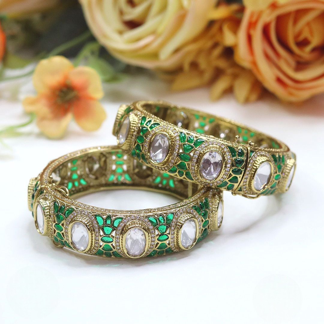 Openable Green Kundan Meenakari Bangles β Gold-Tone Bridal Jewelry Pair - Libasaa.com