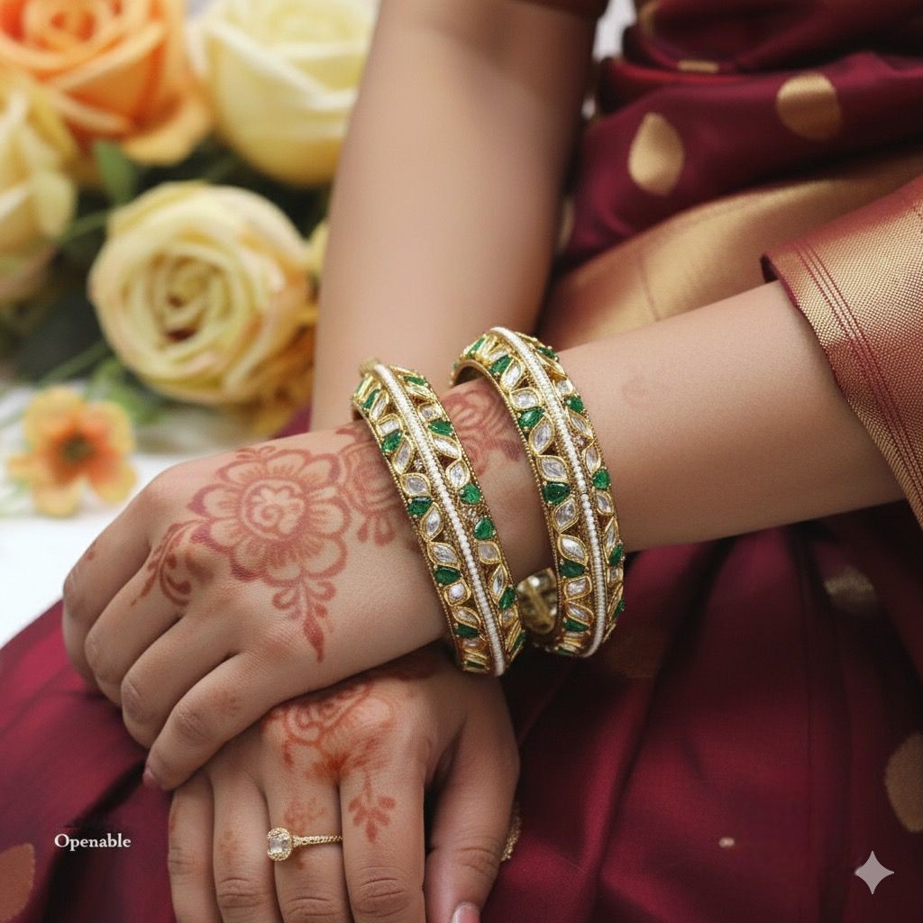 Openable Gold-Tone Kundan Bangles with Red Stone β Bridal & Festive Jewelry Pair - Libasaa.com